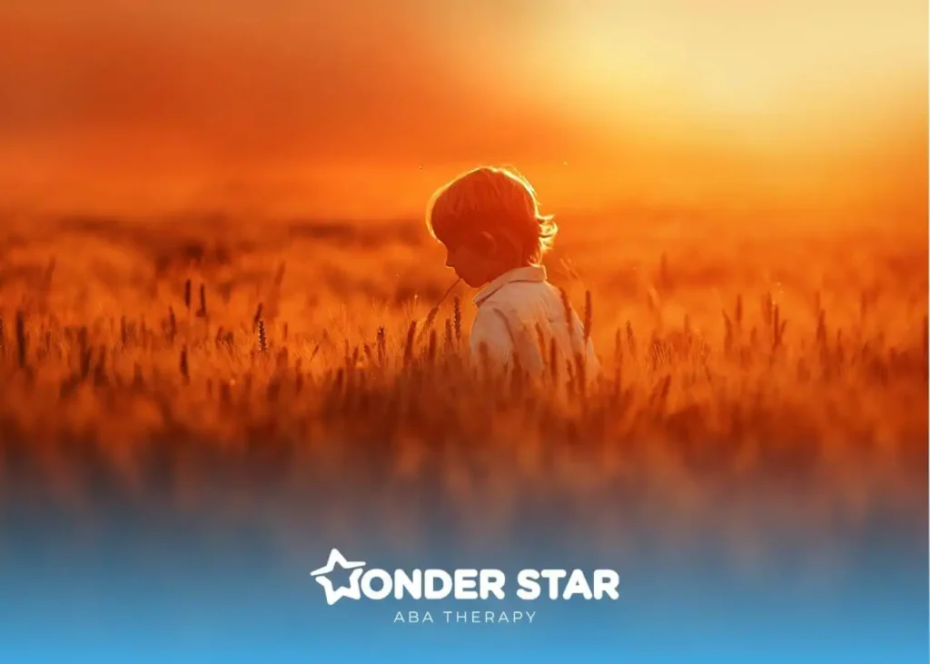 Young autistic kid standing alone in a golden wheat field at sunset, softly lit & looking down in a calm, reflective moment.