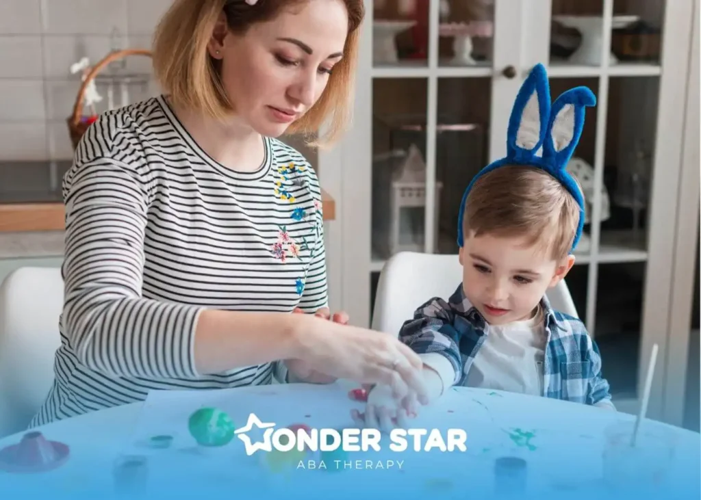Therapist guides autistic child in structured learning, showing ABA therapy strategies that support ADHD skills.
