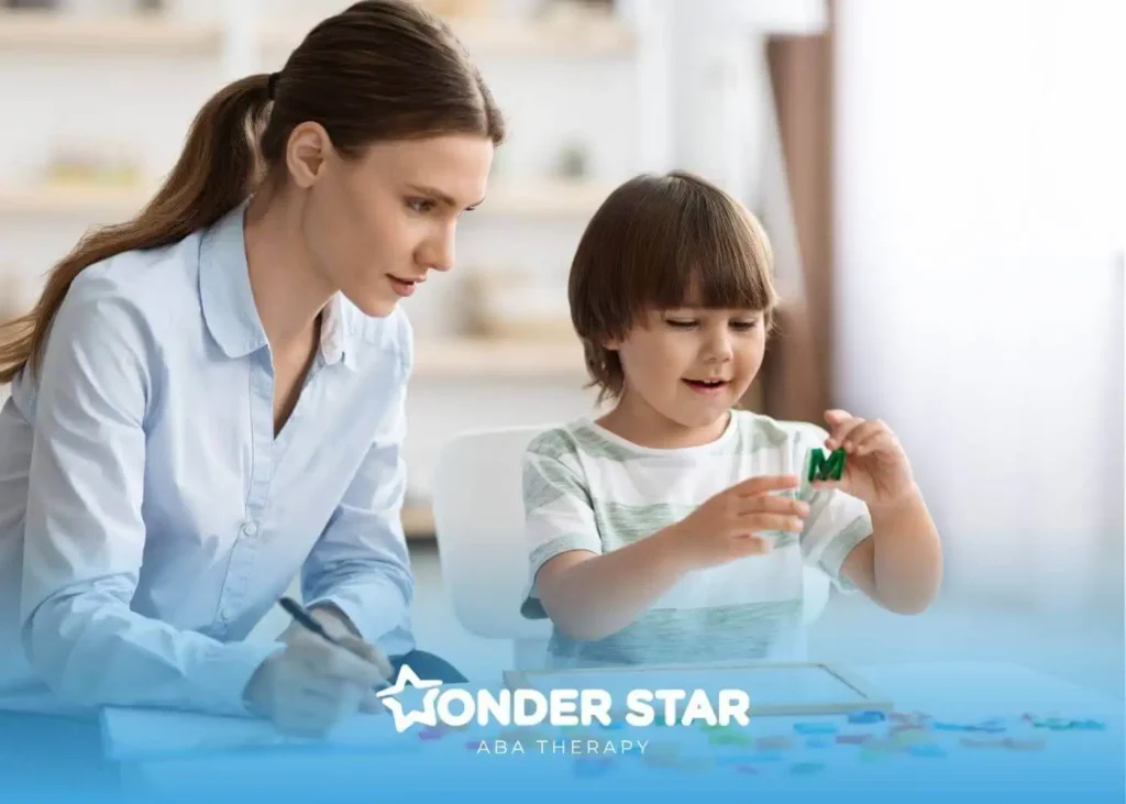 Therapist works one-on-one with autistic child using hands-on tools, illustrating structured ABA intervention methods.