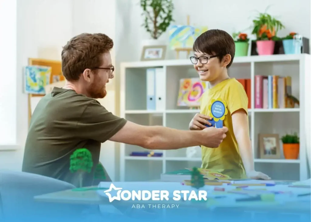 Therapist encourages autistic child in classroom, symbolizing inclusion, learning support, and mainstream education.
