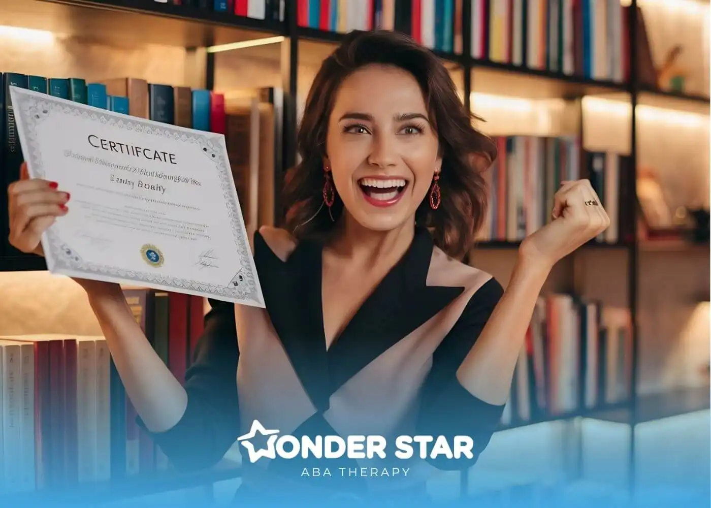Smiling therapist holding an RBT certification in front of bookshelves, celebrating professional achievement in ABA therapy.