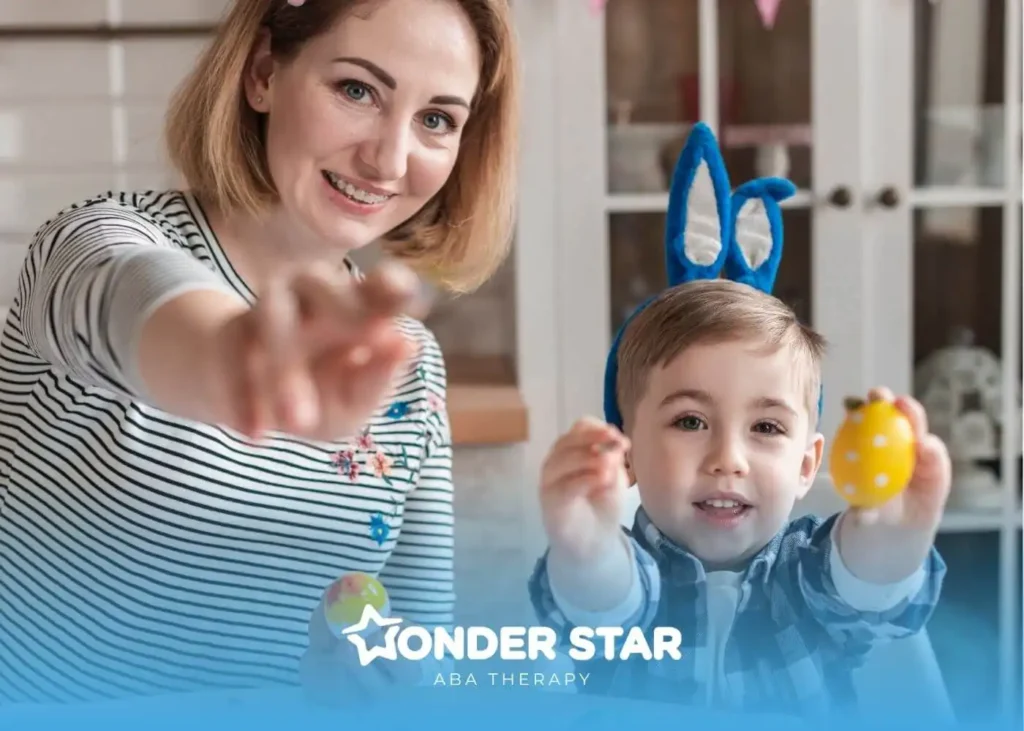 A therapist & autistic boy engaging in playful activity at home, supporting early ABA therapy intervention and bonding.