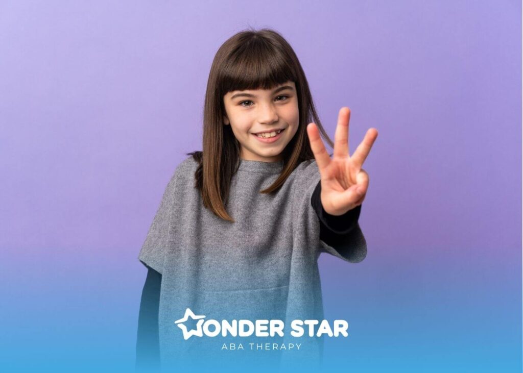 Autistic girl smiling and holding up three fingers against a purple background, representing autism level discussions.