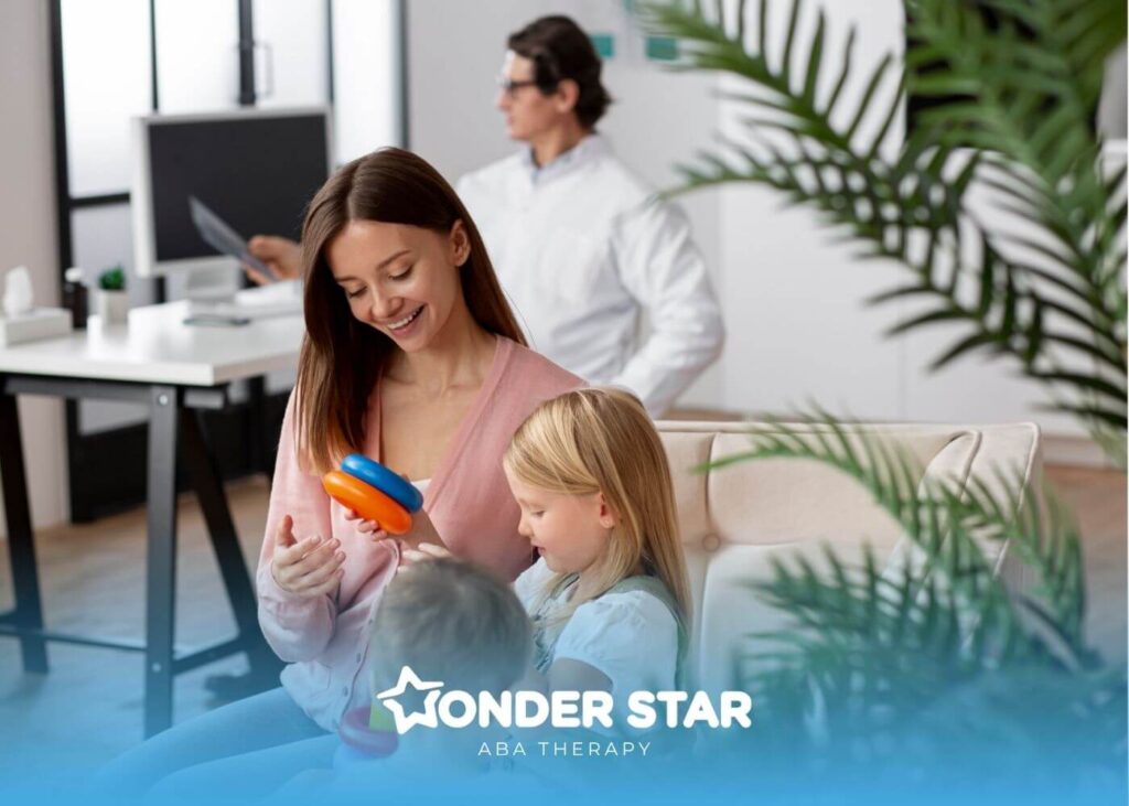 Therapist guiding two autistic children during a play-based learning activity in a calm and supportive therapy environment.