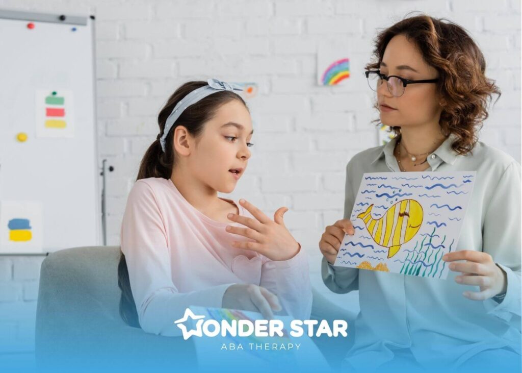Therapist listening attentively to a autistic girl explaining her drawing during a supportive therapy session.